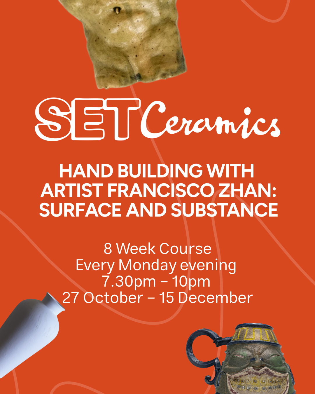 SET Ceramics logo in white on an orange background. Sculptures, vases and pots are placed around the edges.