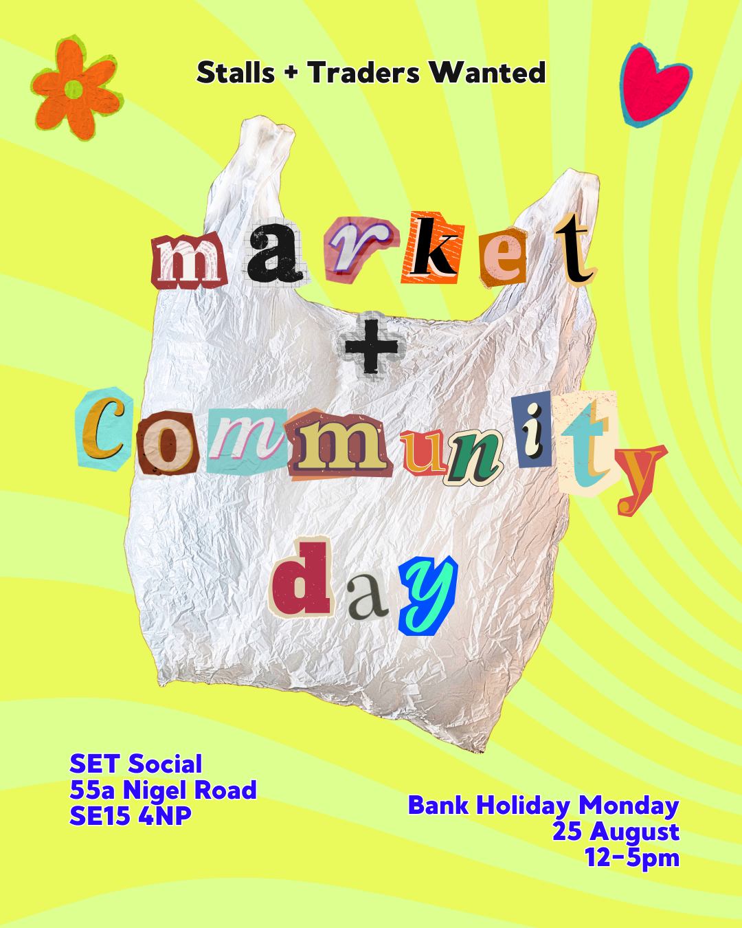 White plastic bag with neon green and yellow sunshine ray background.